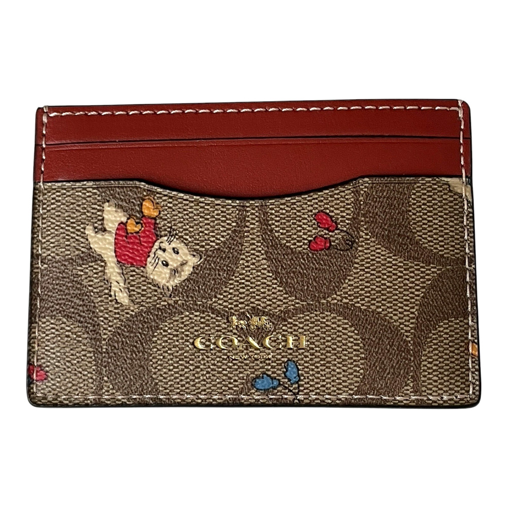 COACH CF336 Cat Mittens Kittens Print CARD CASE Brown Coated Canvas Red Leather